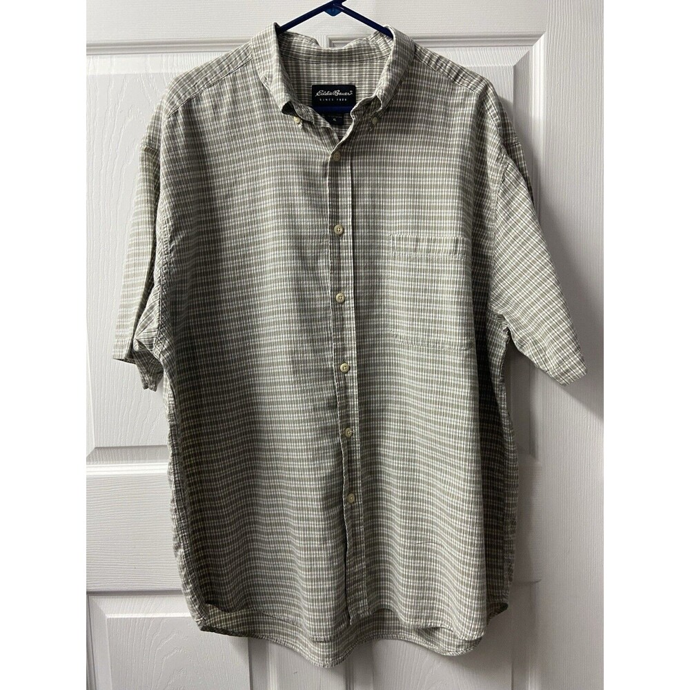 Eddie Bauer Top Mens XL Green Plaid Short Sleeved Work Shirt Pocket Classic